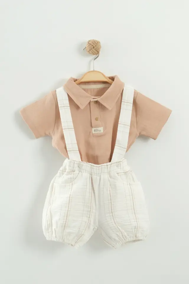 Erkek Bebek Gömlek, Tişört ve Askılı Şort Kahve 3’lü Takım (9-12-18-24 Ay) Seri - 1079-Kahve