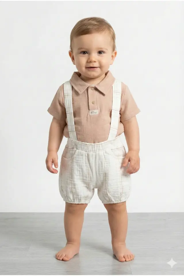 Erkek Bebek Gömlek, Tişört ve Askılı Şort Kahve 3’lü Takım (9-12-18-24 Ay) Seri - 1079-Kahve