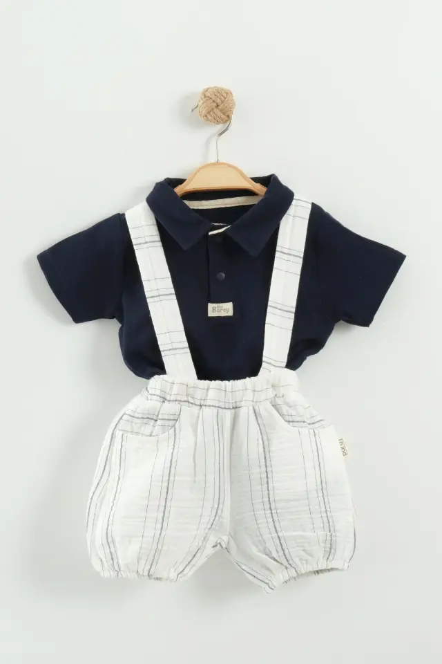 Erkek Bebek Gömlek, Tişört ve Askılı Şort Siyah 3’lü Takım (9-12-18-24 Ay) Seri - 1079-Siyah