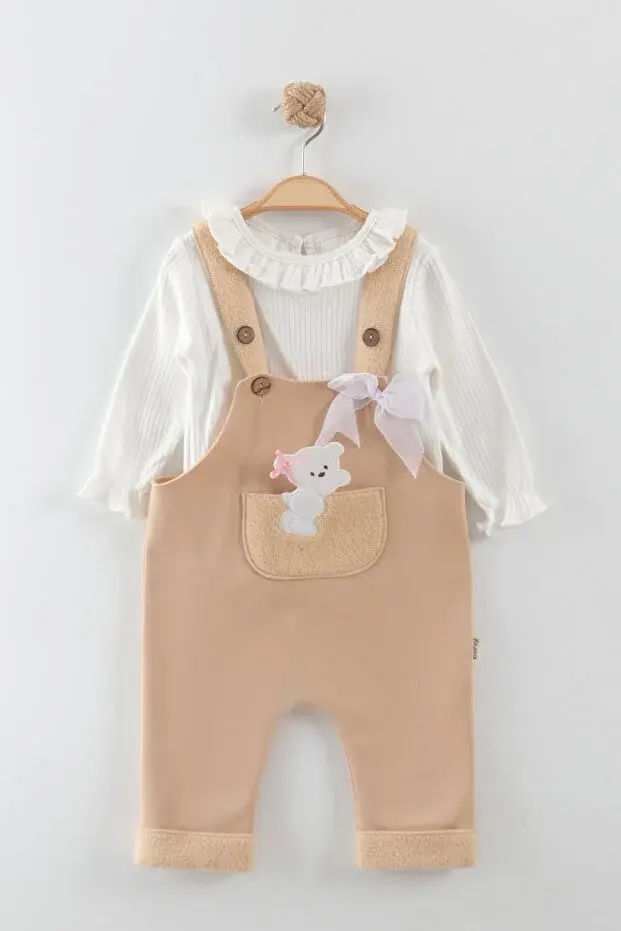 Kız Bebek Ayı Nakış Bej Tulum Takım (9-12-18 Ay) Seri - 891-Bej