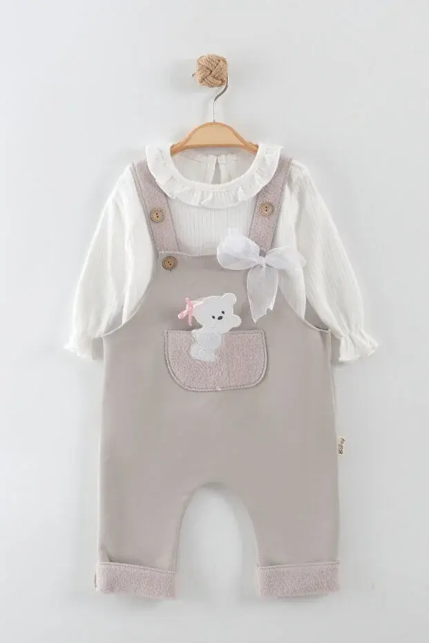 Kız Bebek Ayı Nakış Gri Tulum Takım (9-12-18 Ay) Seri - 891-Gri