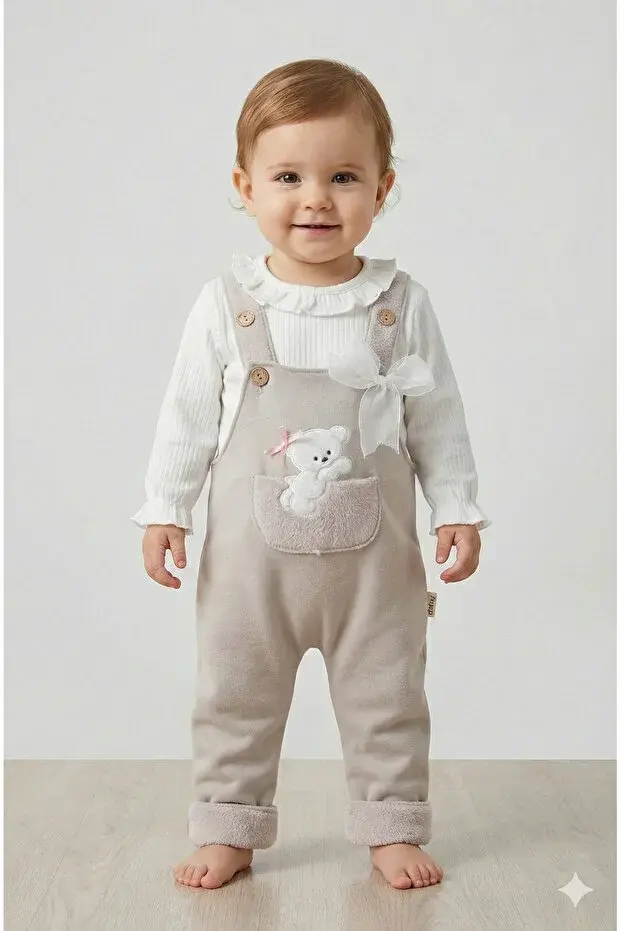 Kız Bebek Ayı Nakış Gri Tulum Takım (9-12-18 Ay) Seri - 891-Gri