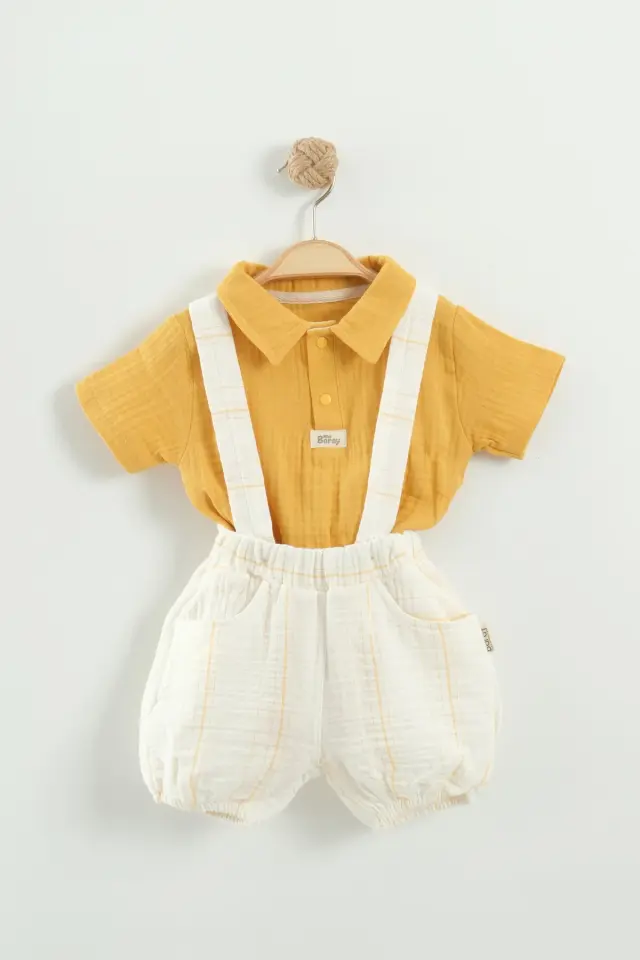 Erkek Bebek Gömlek, Tişört ve Askılı Şort Sarı 3’lü Takım (9-12-18-24 Ay) Seri - 1079-Sarı
