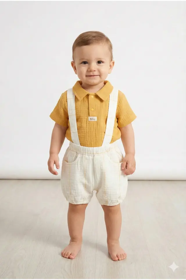 Erkek Bebek Gömlek, Tişört ve Askılı Şort Sarı 3’lü Takım (9-12-18-24 Ay) Seri - 1079-Sarı