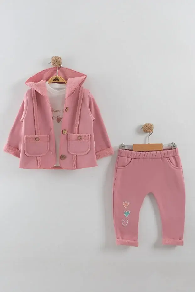 Kız Bebek Kalp Nakışlı 3'lü Eşofman Takım (9-12-18 Ay) Seri - 889-Pembe