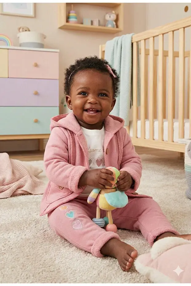 Kız Bebek Kalp Nakışlı 3'lü Eşofman Takım (9-12-18 Ay) Seri - 889-Pembe