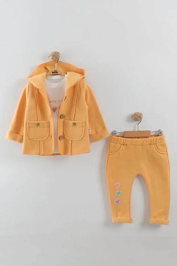 Kız Bebek Kalp Nakışlı 3'lü Eşofman Takım (9-12-18 Ay) Seri - 889-Sarı