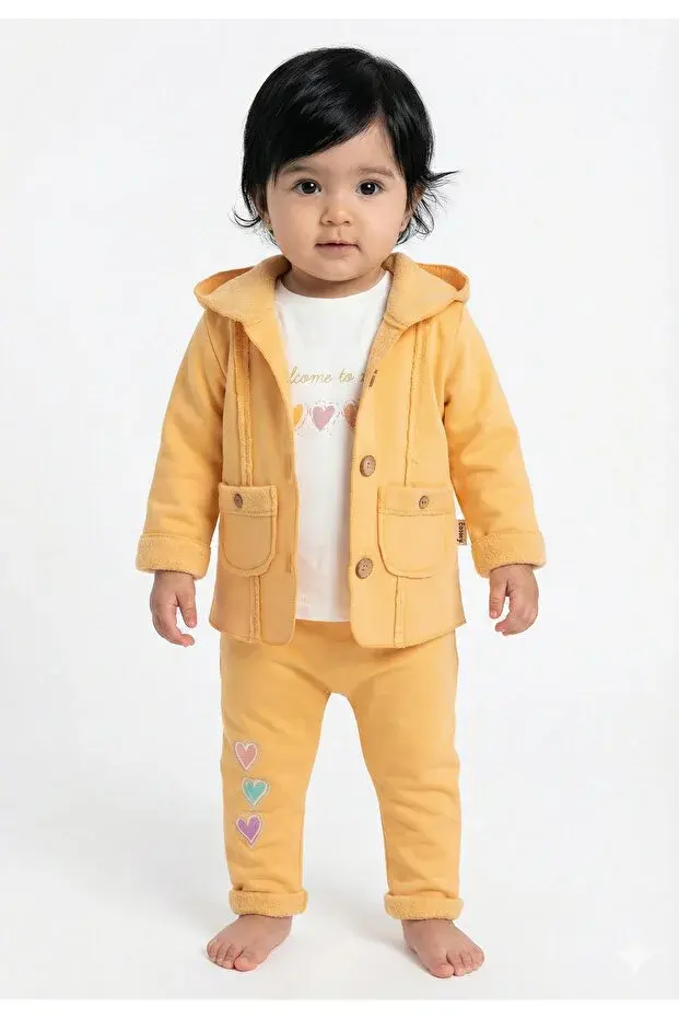 Kız Bebek Kalp Nakışlı 3'lü Eşofman Takım (9-12-18 Ay) Seri - 889-Sarı
