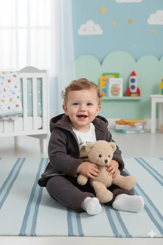 Erkek Bebek Ayı Baskılı Kulaklı Hırka Tişört Pantolon Füme Gri 3'lü Takım  (6-9-12 Ay ) Seri - 882-Füme Gri