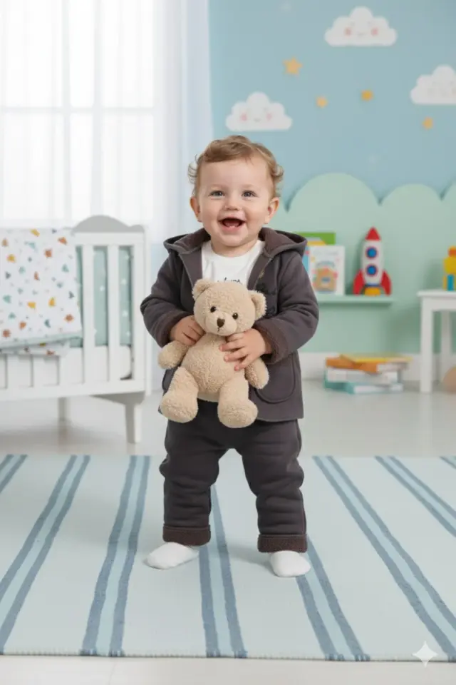 Erkek Bebek Ayı Baskılı Kulaklı Hırka Tişört Pantolon Füme Gri 3'lü Takım  (6-9-12 Ay ) Seri - 882-Füme Gri