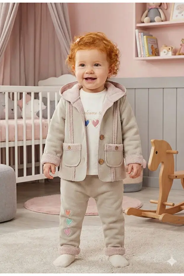 Kız Bebek Kalp Nakışlı 3'lü Eşofman Takım (9-12-18 Ay) Seri - 889-Gri