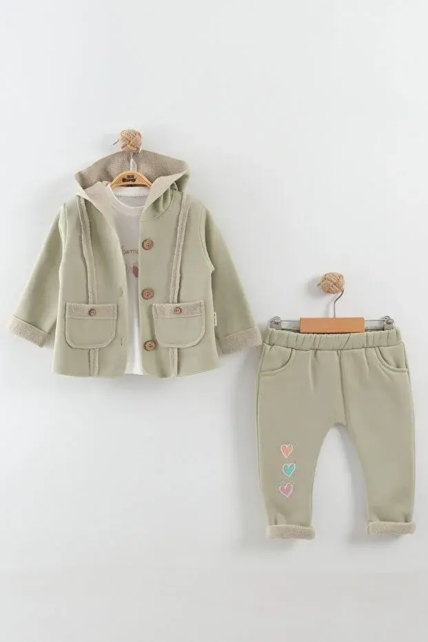 Kız Bebek Kalp Nakışlı 3'lü Eşofman Takım (9-12-18 Ay) Seri - 889-Yeşil
