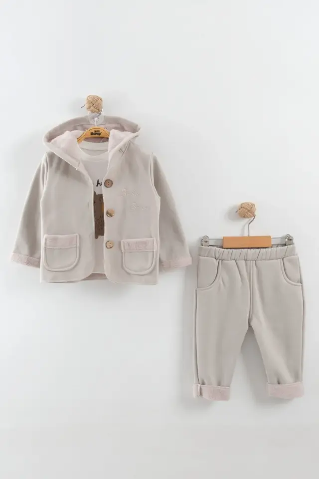 Erkek Bebek Ayı Baskılı Kulaklı Hırka Tişört Pantolon Gri 3'lü Takım (6-9-12 Ay ) Seri - 882-gri