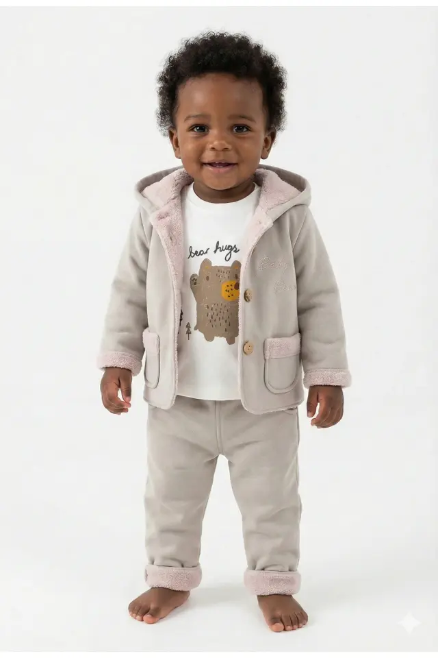 Erkek Bebek Ayı Baskılı Kulaklı Hırka Tişört Pantolon Gri 3'lü Takım (6-9-12 Ay ) Seri - 882-gri