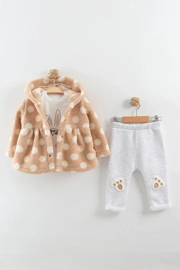 Kız Bebek Peluş Kaban Tavşan Ayak Nakışlı 3'lü Eşofman Takım (9-12-18 Ay) Seri - 895-Bej