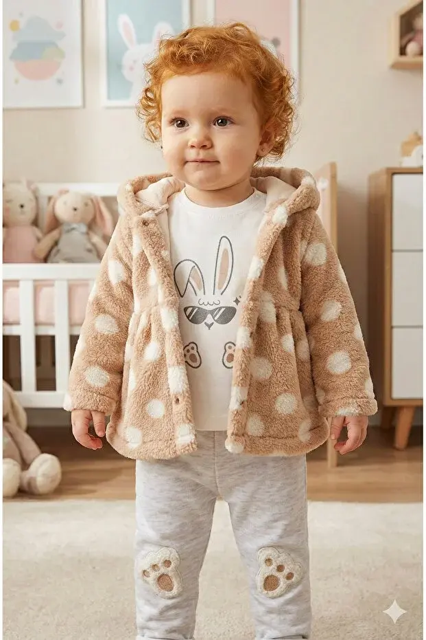 Kız Bebek Peluş Kaban Tavşan Ayak Nakışlı 3'lü Eşofman Takım (9-12-18 Ay) Seri - 895-Bej