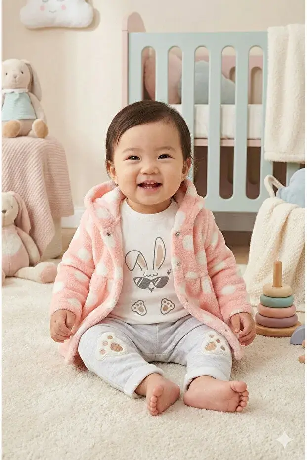 Kız Bebek Peluş Kaban Tavşan Ayak Nakışlı 3'lü Eşofman Takım (9-12-18 Ay) Seri - 895-Somon Pembe