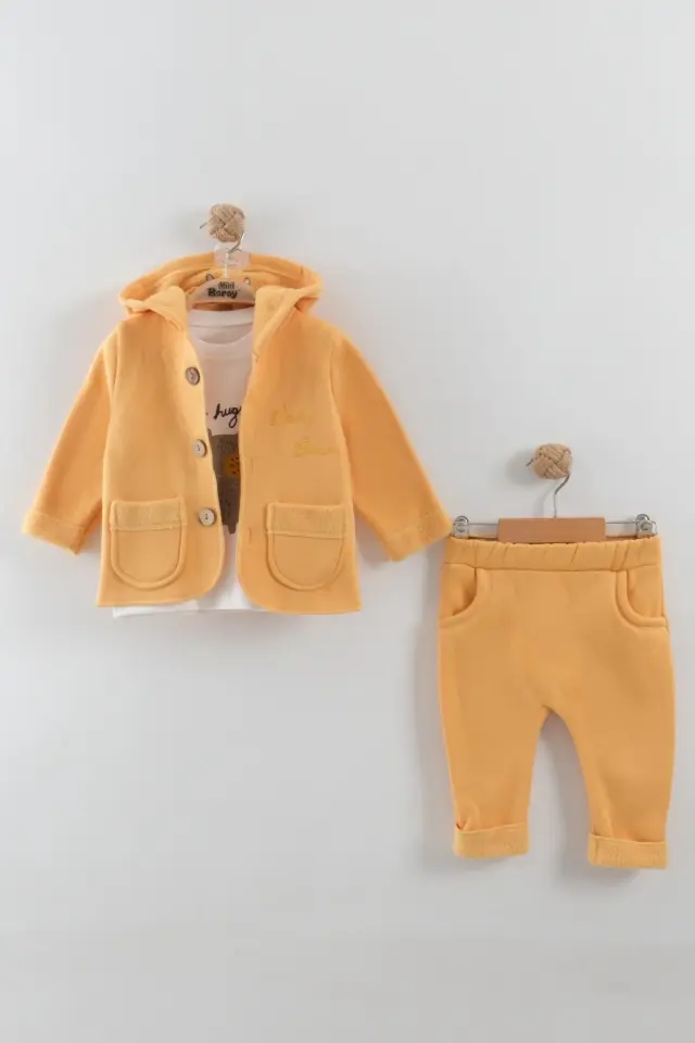 Erkek Bebek Ayı Baskılı Kulaklı Hırka Tişört Pantolon Sarı 3'lü Takım (6-9-12 Ay ) Seri - 882-Sarı