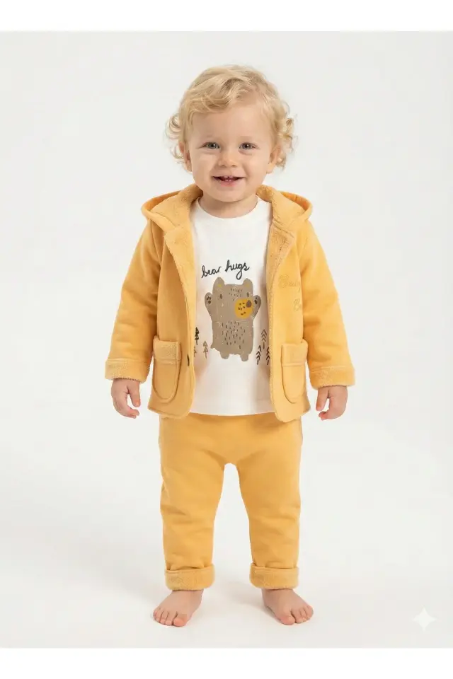 Erkek Bebek Ayı Baskılı Kulaklı Hırka Tişört Pantolon Sarı 3'lü Takım (6-9-12 Ay ) Seri - 882-Sarı