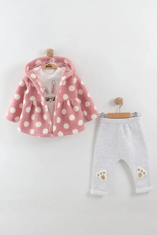 Kız Bebek Peluş Kaban Tavşan Ayak Nakışlı 3'lü Eşofman Takım (9-12-18 Ay) Seri - 895-Gül Kurusu