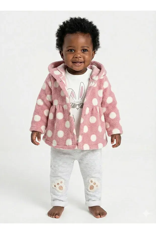 Kız Bebek Peluş Kaban Tavşan Ayak Nakışlı 3'lü Eşofman Takım (9-12-18 Ay) Seri - 895-Gül Kurusu