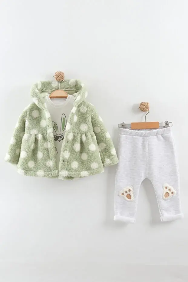 Kız Bebek Peluş Kaban Tavşan Ayak Nakışlı 3'lü Eşofman Takım (9-12-18 Ay) Seri - 895-Yeşil