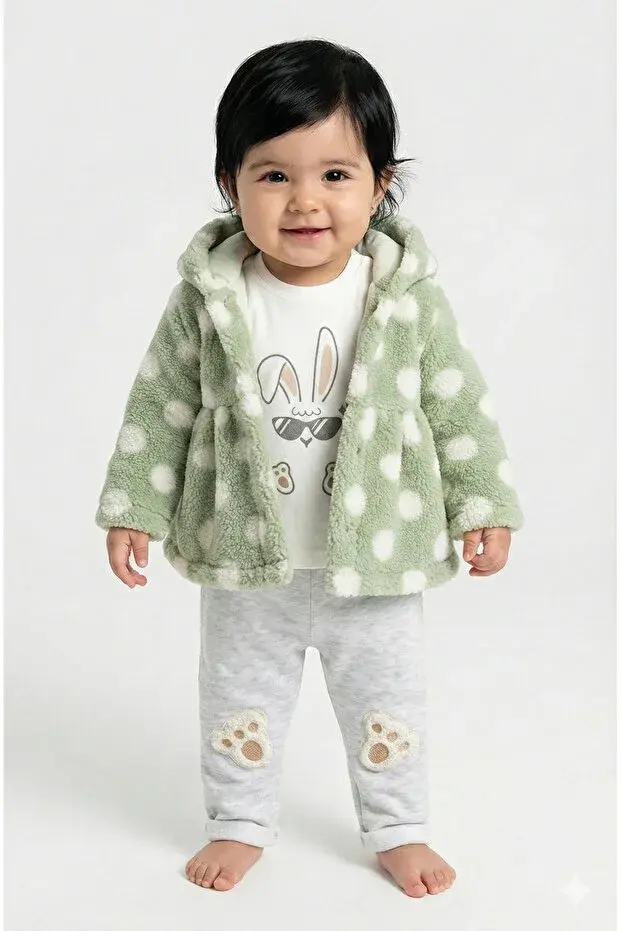 Kız Bebek Peluş Kaban Tavşan Ayak Nakışlı 3'lü Eşofman Takım (9-12-18 Ay) Seri - 895-Yeşil