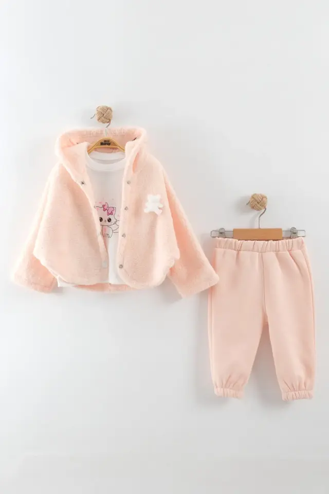 Kız Bebek Ayı Nakış Detay Pudra Pembe 3'lü Eşofman Takım (9-12-18 Ay) Seri - 1093-Pudra Pembe