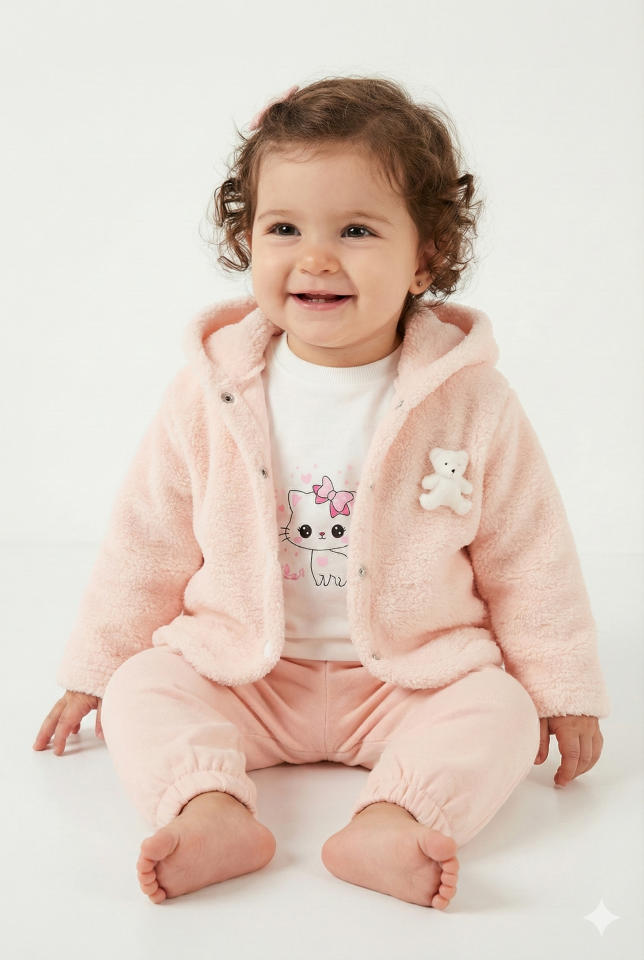 Kız Bebek Ayı Nakış Detay Pudra Pembe 3'lü Eşofman Takım (9-12-18 Ay) Seri - 1093-Pudra Pembe