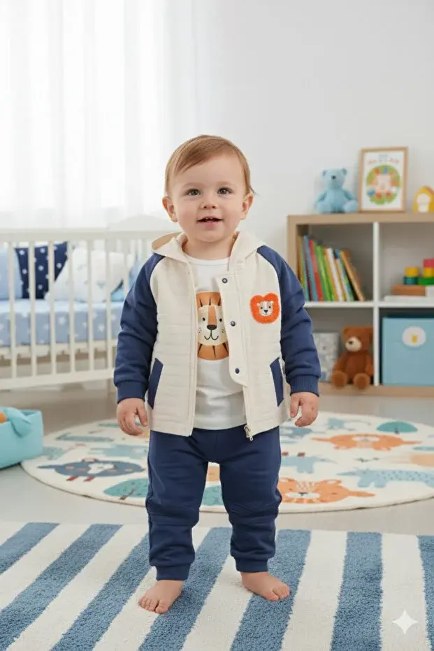 Erkek Bebek Aslan Nakış Ceket 3'lü Eşofman Takım (9-12-18-24 Ay) Seri - 1086-Mavi