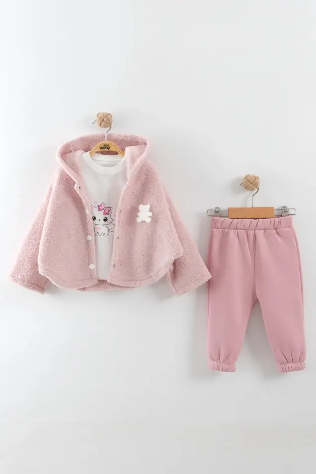 Kız Bebek Ayı Nakış Detay Gülkurusu Pembe 3'lü Eşofman Takım (9-12-18 Ay) Seri - 1093-Gülkurusu Pembe