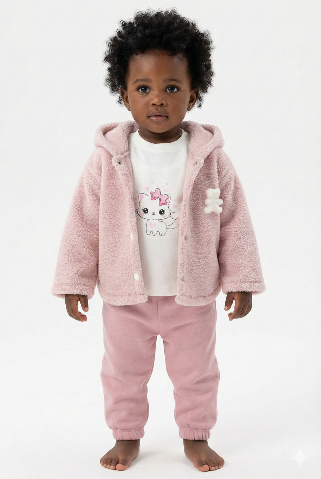 Kız Bebek Ayı Nakış Detay Gülkurusu Pembe 3'lü Eşofman Takım (9-12-18 Ay) Seri - 1093-Gülkurusu Pembe