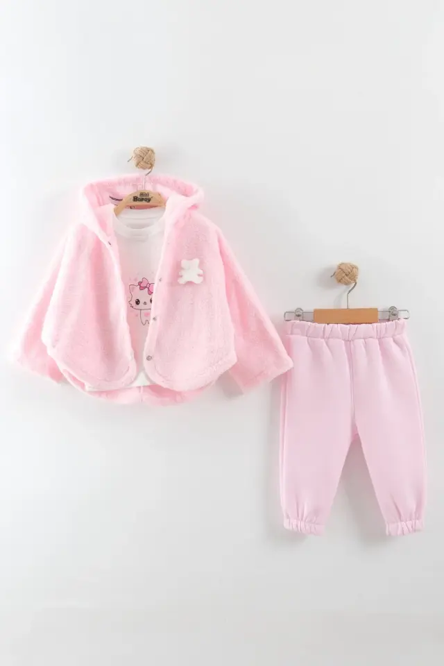 Kız Bebek Ayı Nakış Detay Pembe 3'lü Eşofman Takım (9-12-18 Ay) Seri - 1093-Pembe