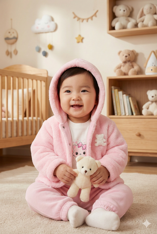 Kız Bebek Ayı Nakış Detay Pembe 3'lü Eşofman Takım (9-12-18 Ay) Seri - 1093-Pembe