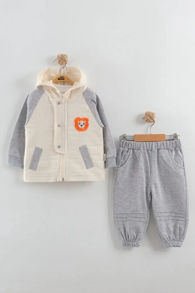 Erkek Bebek Aslan Nakış Ceket 3'lü Eşofman Takım (9-12-18-24 Ay) Seri - 1086-Gri