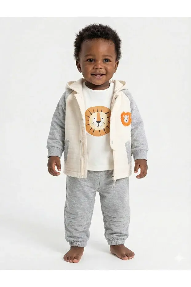 Erkek Bebek Aslan Nakış Ceket 3'lü Eşofman Takım (9-12-18-24 Ay) Seri - 1086-Gri