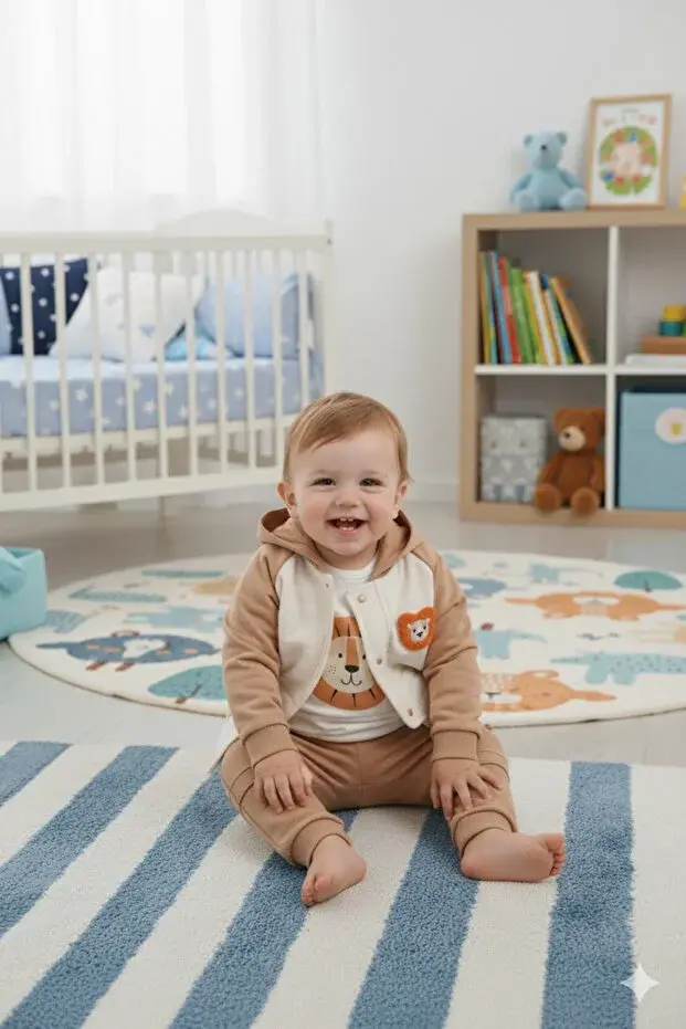 Erkek Bebek Aslan Nakış Ceket 3'lü Eşofman Takım (9-12-18-24 Ay) Seri - 1086-Kahverengi