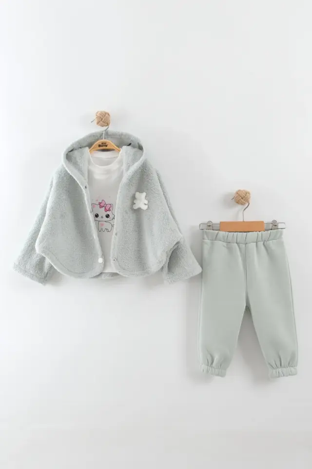 Kız Bebek Ayı Nakış Detay Yeşil 3'lü Eşofman Takım (9-12-18 Ay) Seri - 1093-Yeşil