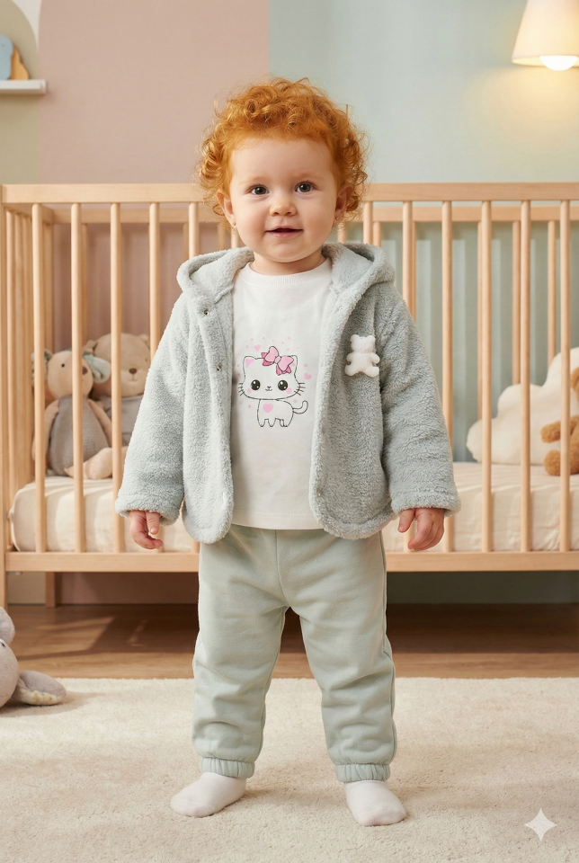 Kız Bebek Ayı Nakış Detay Yeşil 3'lü Eşofman Takım (9-12-18 Ay) Seri - 1093-Yeşil