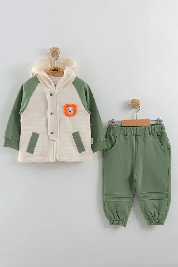 Erkek Bebek Aslan Nakış Ceket 3'lü Eşofman Takım (9-12-18-24 Ay) Seri - 1086-Yeşil