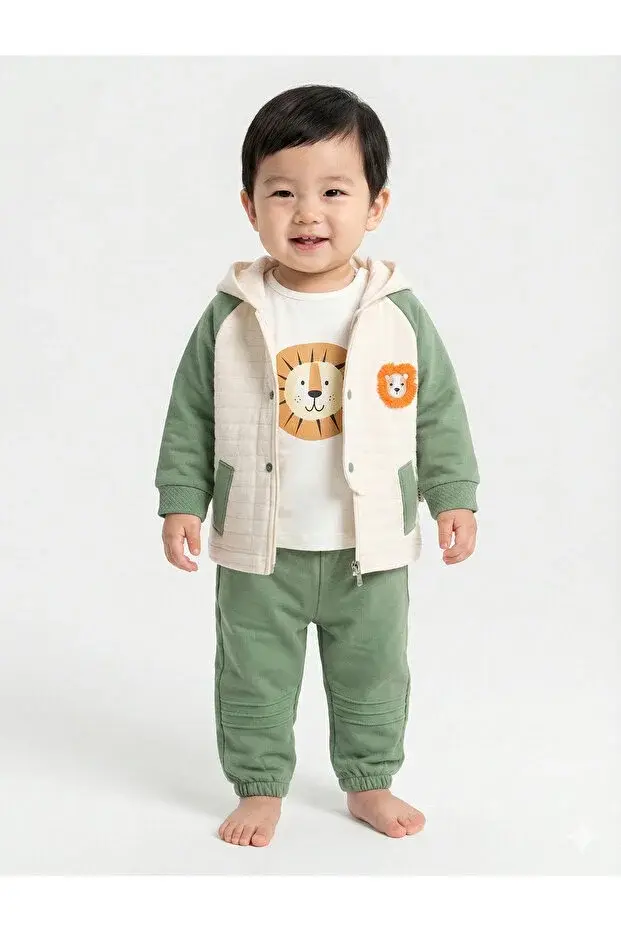 Erkek Bebek Aslan Nakış Ceket 3'lü Eşofman Takım (9-12-18-24 Ay) Seri - 1086-Yeşil