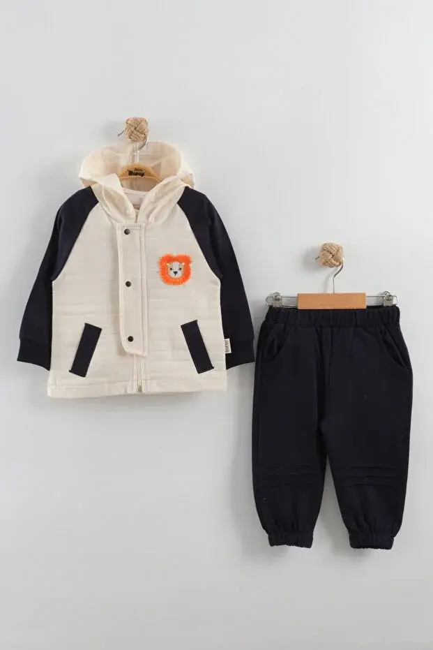 Erkek Bebek Aslan Nakış Ceket 3'lü Eşofman Takım (9-12-18-24 Ay) Seri - 1086-Siyah