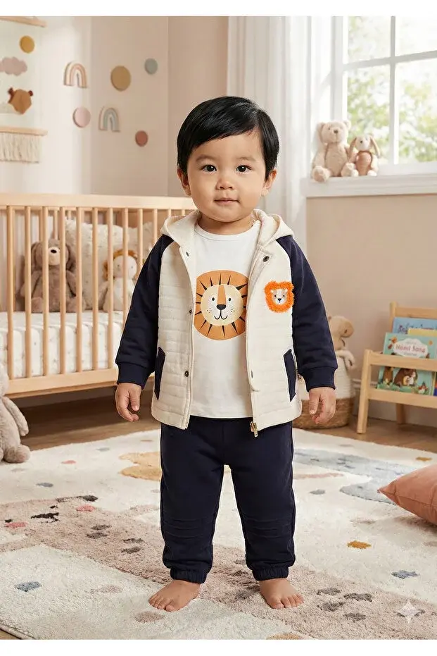 Erkek Bebek Aslan Nakış Ceket 3'lü Eşofman Takım (9-12-18-24 Ay) Seri - 1086-Siyah