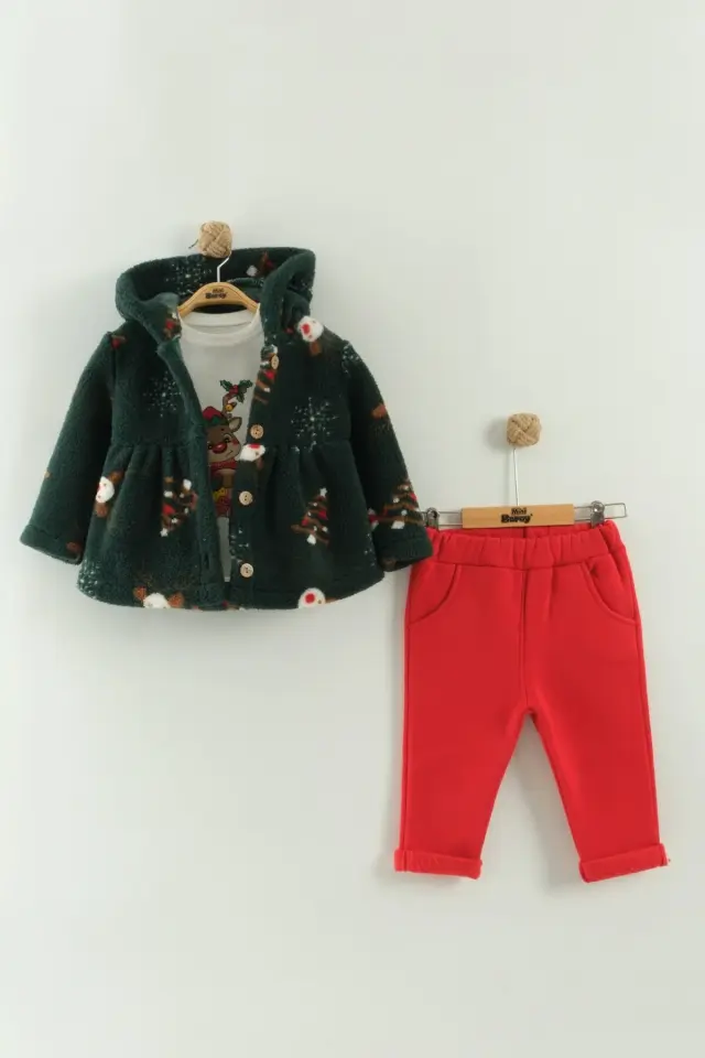 Kız Bebek Kapüşonlu Ceketli Yeşil 3’lü Takım (Sweatshirt, Pantolon, Ceket) (9-12-18 Ay) Seri - 972-Yeşil