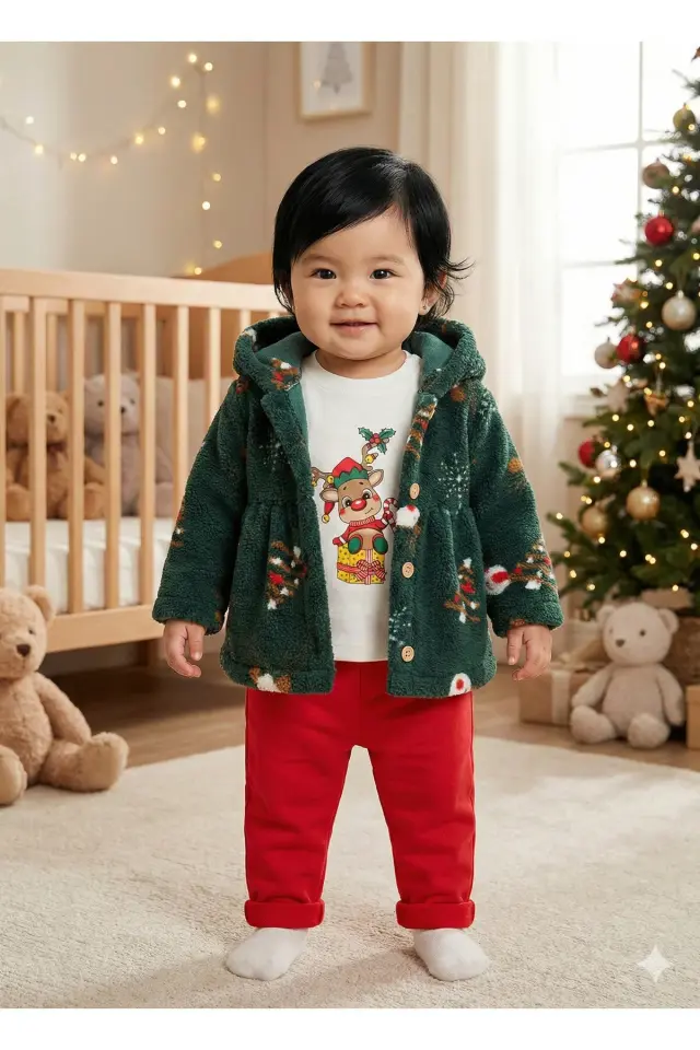 Kız Bebek Kapüşonlu Ceketli Yeşil 3’lü Takım (Sweatshirt, Pantolon, Ceket) (9-12-18 Ay) Seri - 972-Yeşil