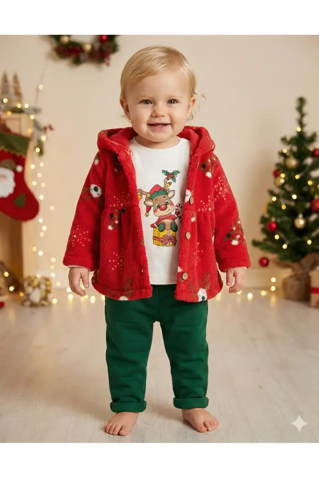Kız Bebek Kapüşonlu Ceketli Kırmızı 3’lü Takım (Sweatshirt, Pantolon, Ceket) (9-12-18 Ay) Seri - 972-Kırmızı