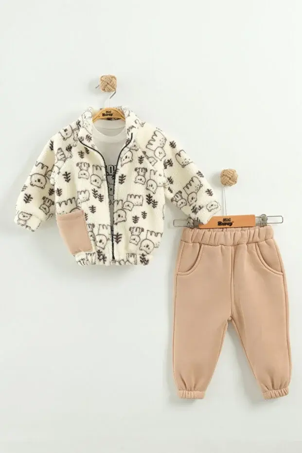 Erkek Çocuk Desenli Mont ve Pantolon 3'lü Takım (9-12-18 Ay) Seri - 1039-Bej