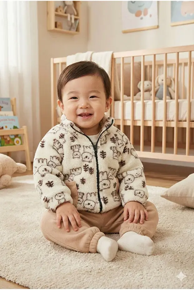 Erkek Çocuk Desenli Mont ve Pantolon 3'lü Takım (9-12-18 Ay) Seri - 1039-Bej