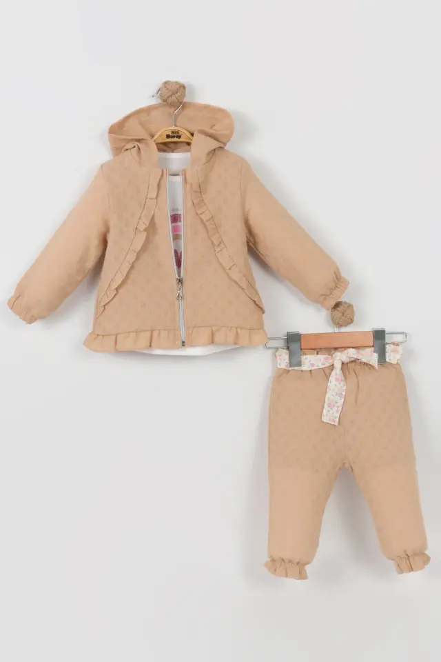 Kız Bebek Fermuarlı Ceket ve Pantolon Krem Rengi Takım (9-12-18 Ay) Seri - 1042-Krem
