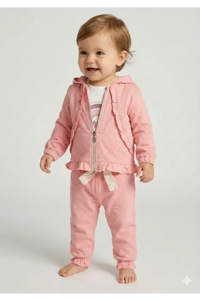 Kız Bebek Fermuarlı Ceket ve Pantolon Pembe Takım (9-12-18 Ay) Seri - 1042-Pembe